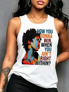 Women's Casual Loose-Fit Tank Top, Casual Sleeveless Top, Fashion Portrait Letter Print, Soft Comfortable Home & Outdoor Wear, All Seasons, Womenswear