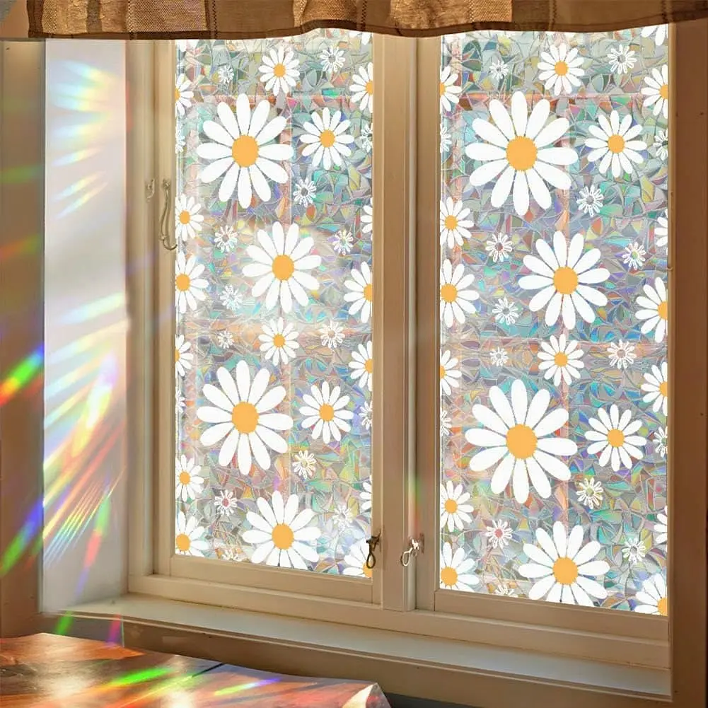 1 Roll Colorful Window Privacy Film 3D Rainbow Vintage Daisy Static Cling Decorative Decal, Decoration Items, PVC Eco-Friendly Heat Insulation Window Decor Window Decorations Supplies 17.53*78.7in