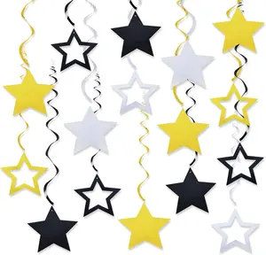 36Pcs Gold Black Silver Star Hanging Swirl Decorations Gold Stars Streamers Foil Swirls for Ceiling Decorations Graduation New Year Eve Supplies 2025