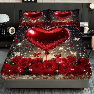 Valentine's Day Theme Three pieces red Heart & Rose Print Bed Sheet Set (1 Fitted + 2 Pillowcases), Decorative Bedsheet Sets, Casual Home Bedroom Decor, High Definition Printing
