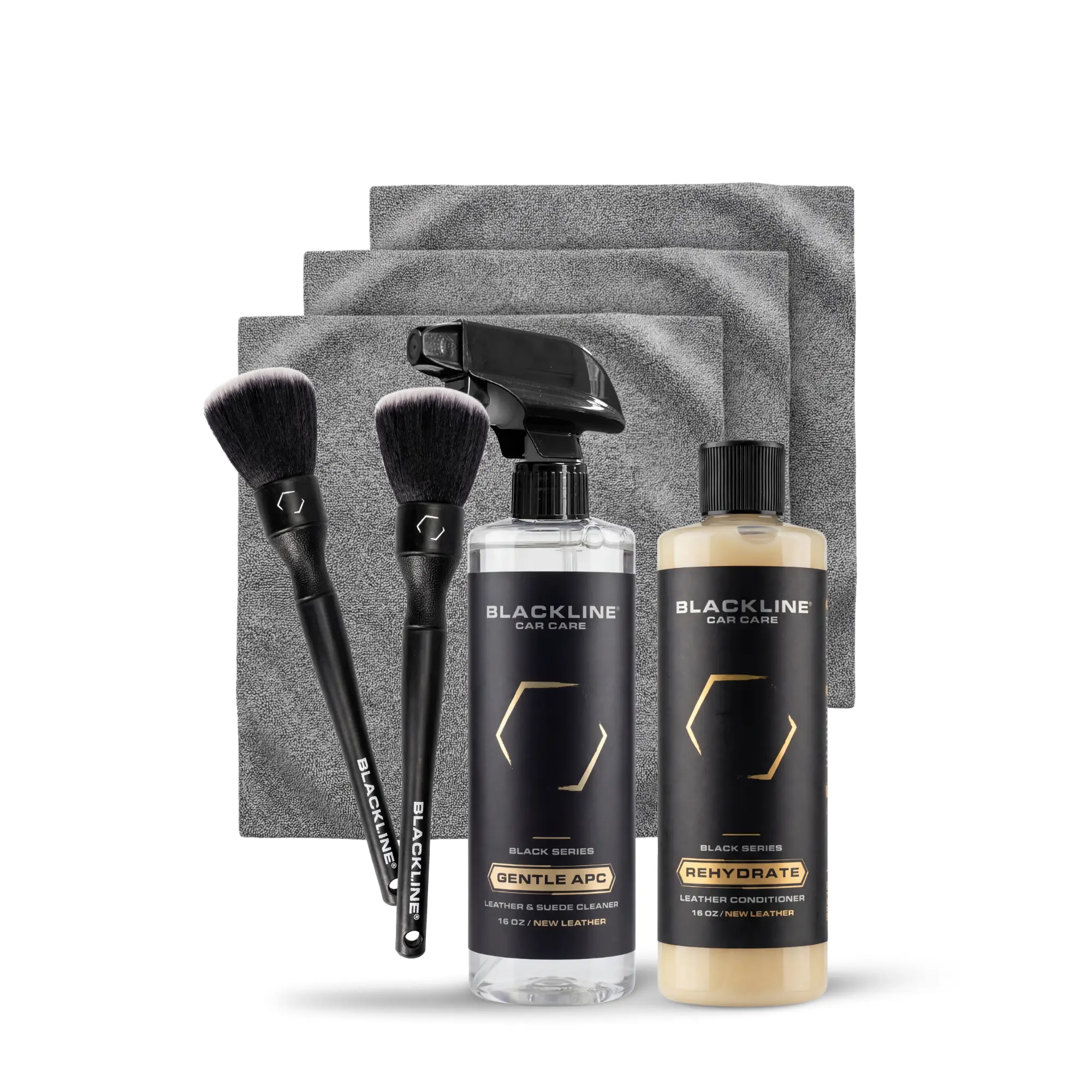 BLACKLINE Automotive Interior Leather Care Kit - Gentle Cleaner, Surface Cleaner, Rehydrator, Microfiber Cloth, Lintfree Buffing Towel, Boars Hair Brush, Optional Detailing Brush for Deepcleaning & Car Interior Leather Revival, Detailing Setup
