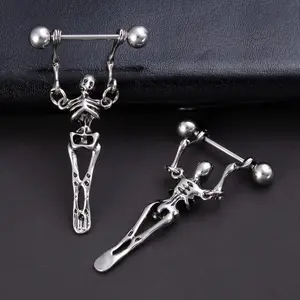 Skull Nipple Ring, Stainless Steel Barbell, Gothic Body Piercing Jewelry