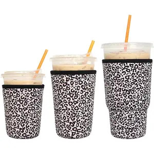 3 Pack  Iced Coffee Sleeves -  Insulator for Cold Beverages, Neoprene Cup Holder for /Dunkin Coffee, More (Leopard print)