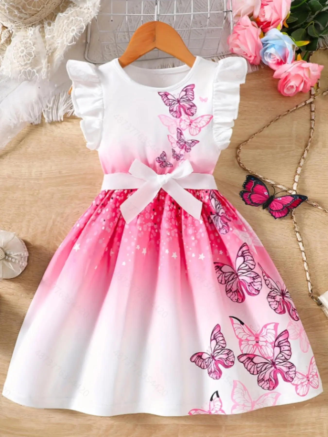 Girl's Butterfly Print Belted Dress, Cute Sleeveless A Line Dress for Party Holiday Beach, Kids Clothing for Summer, Princess Peach Poofy Dress