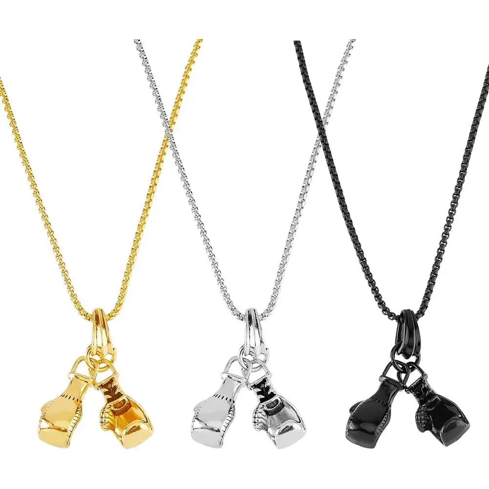 3Pcs 3Colors 60cm Boxing Gloves Necklaces Mens Pendant Necklaces Sportsman Fitness Necklaces Titanium Steel Charm Cool Punk Necklaces for Men Birthday Valentine Gift