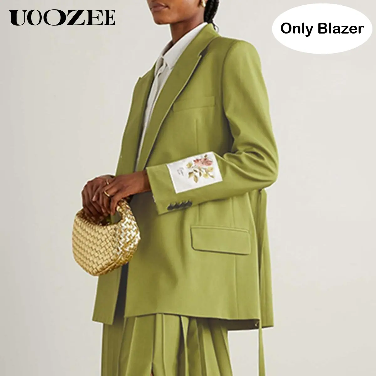 UOOZEE Women's Elegant Floral Embroidery Blazer, Casual Loose Fit Jacket with Tie Back and Pockets, Polyester, Long Sleeve, Casual Wear, Lapel, Baggy, Minimalist, Hand Wash Only, S(4), Breathable