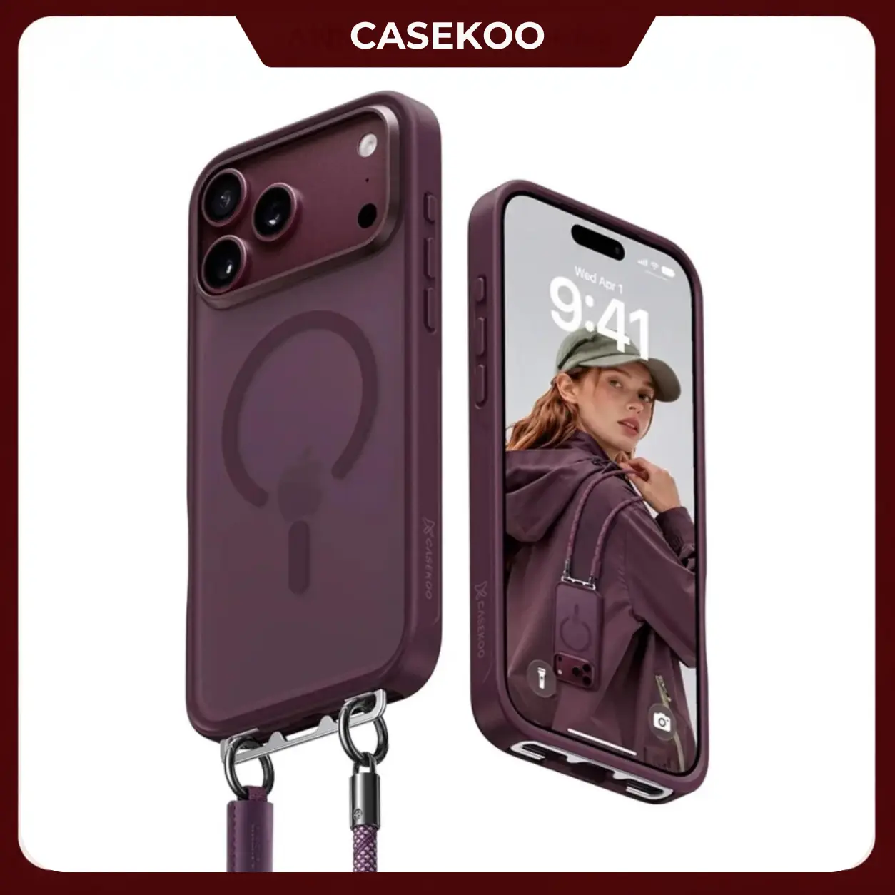 CASEKOO Official Linkoo Case Color-Matched Burgundy/Glacier MagSafe Case iPhone 18/17/16 Pro/Pro Max with Wrist Strap Glossy Premium, Camera Lens & Raised-Edge Screen Protection, Never Yellow Clear Back,Patented ClipSafe: Built-in Foldable Hidden Tab,fall