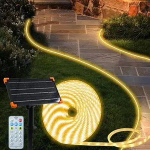 50Ft Solar LED Strip Lights Outdoor, 540 LED Long Strip Lights IP68 Fully Waterproof Acrylic Tape with Remote Selfadhesive, Cuttable Auto ON/OFF Rope Lights for Patio Pool Camping Decor (Warm White)