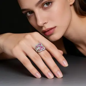 A stylish synthetic zirconia ring, featuring a vintage and ornate style, is adorned with a hollowed-out synthetic ruby, dazzling and eye-catching. It is suitable for women to wear at formal occasions such as dinners and celebrations.