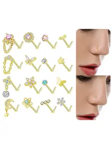 16Pcs Dangle Hoop Nose Ring L Shape Nose Stud CZ Butterfly Flower Leaf Dangle Heart Moon Crown Nose Ring Nostril Piercing Jewelry for Women Silver Gold Tone 20G Nose Rings Set