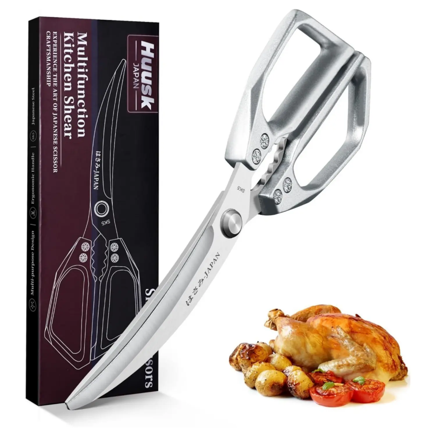 【Summer Sale】HUUSK Kitchen Scissors Silver - Stainless Steel Kitchen Shears for Food, Japanese Cooking Scissor, Sharp Meat Scissors Dishwasher Safe, Heavy Duty Poultry Shears for Chicken Bones, and Turkey,Christmas Gift