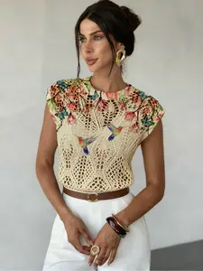 Floral Butterfly Print Round Neck Fitted Short Sweater, Casual Elegant Sleeveless Knitwear for Spring Summer Fall, Comfortable Warm Women's Clothing Tops