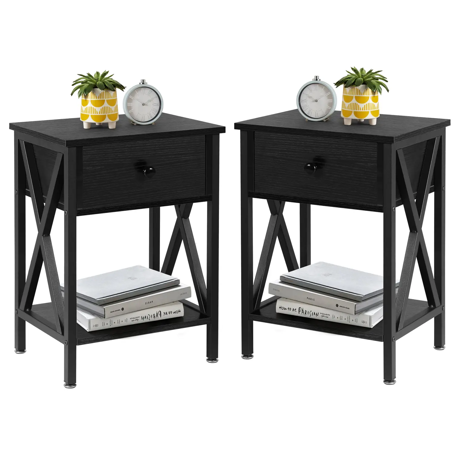 VECELO 2-piece NightStand with steel frame - bedside furniture, padded storage drawers, easy to assemble, rustic brown/black/white woodgrain print