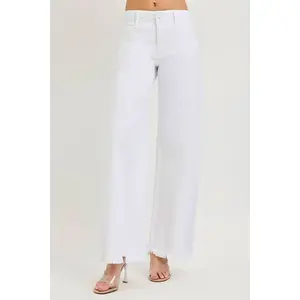 Women's High-Rise Tummy Control Spandex Cotton Fabric Wide Leg Palazzo Trouser Jeans, Frayed Hem Denim, Button-Zip Closure, True Size, White, Elegant Casual Pairing for Crop Top & Tee