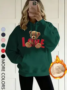 New Creative Love Letter Cartoon Animal Bear Print Women's Lady Sport Fitted Long Sleeve Hoodie Sweatshirts, Fleece Lined Thickened, Casual Comfortable Daily Wear, Womenswear