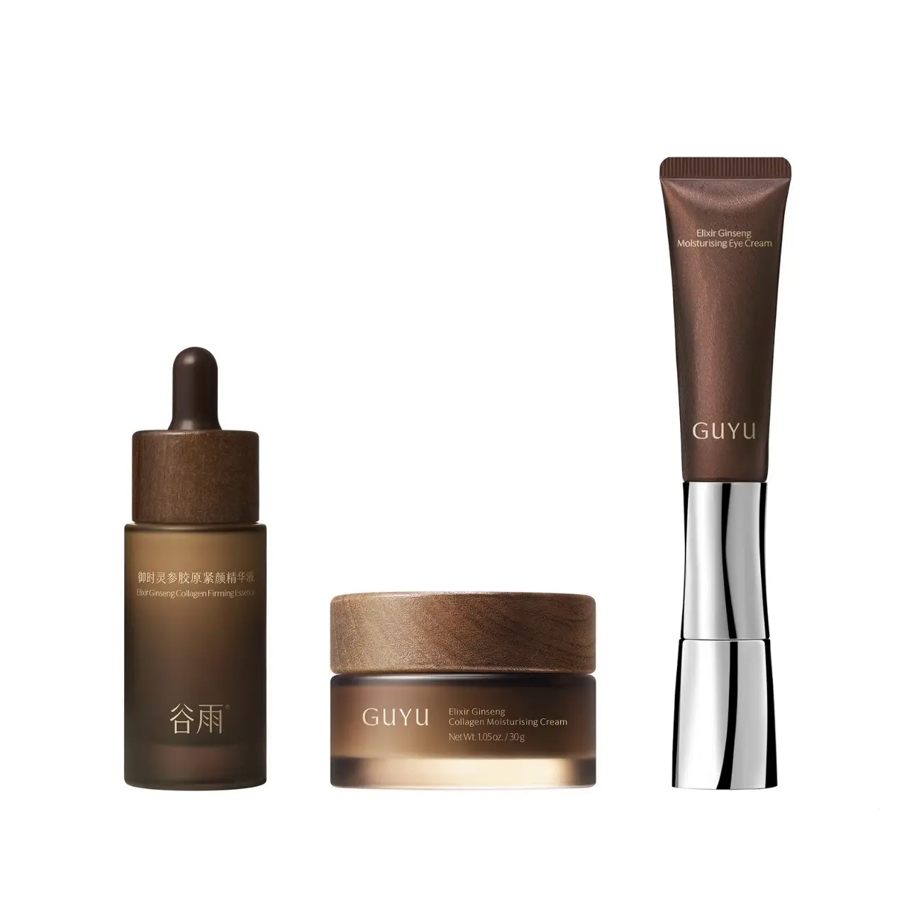 GUYU Ginseng Collagen Boosting Skincare Set. - 3-Piece Skincare Gift Set with 30g Face Cream, 20ml Face Serum & 15g EMS Eye Cream, Peptide & Compound K & Collagen, Microcurrent Technology, Collagen Boost, Firming, Wrinkles, Finelines, Radiance, Eye bags
