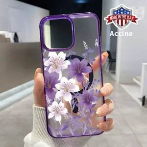 Clear Phone Case for iPhone 16 15 14 Pro Max 13 12 11 XR XS Plus E Purple Lily Pattern Magnetic Sunction Candy Color Acrylic Back Soft Edge Cover