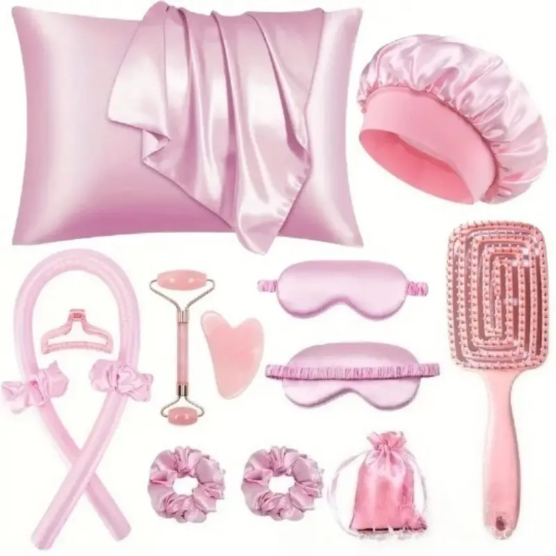 13-Piece Sleep Hairstyling Kit - Heatless Curler Set, Soft Curls + Facial Roller, Satin Hairband, Soft Sleep Mask & Night Cap | Beige Queen Collection with Storage Bag - Silk Hair Curling & Facial Massage Beauty Tools