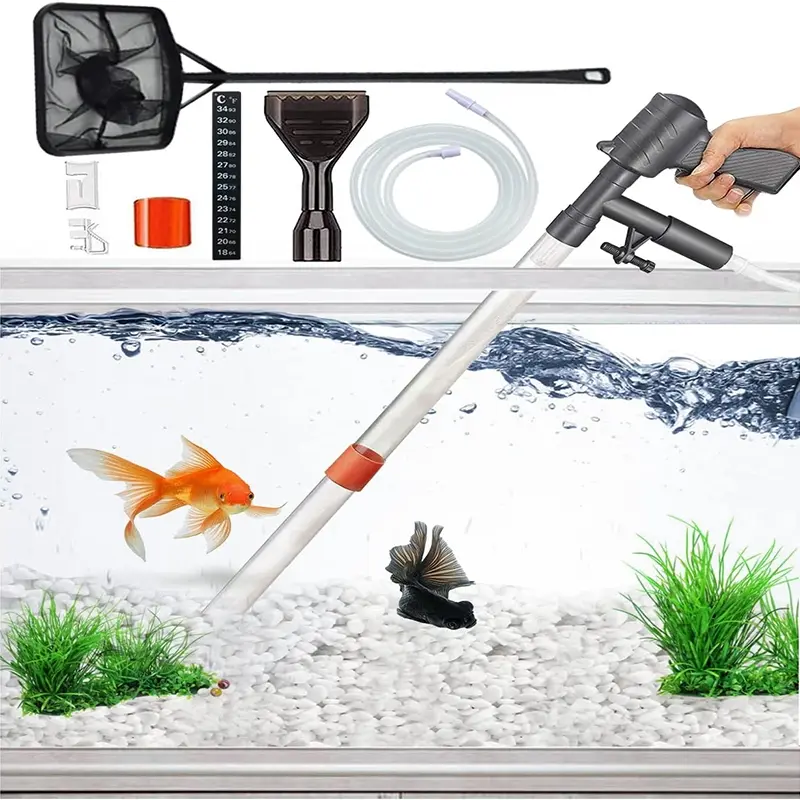 Aquarium Gravel Cleaner, Quick Water Change Tool with Thermometer, Adjustable Siphon Vacuum Pump, Fish Tank Cleaning Kit with Net Supplies