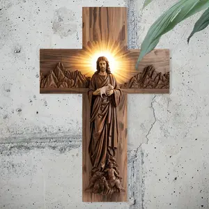 2D Flat, 2D Flat Print Cross Wall Art - 5.9x8.2 inch Christian Decor, Stylish Religious Decor, Carved Figures and Mountain Backdrops, Faux Wood Religious Wall Hanging, Interior Living Room, Christmas, Easter, Religious Decoration - Inspiring Home Decor
