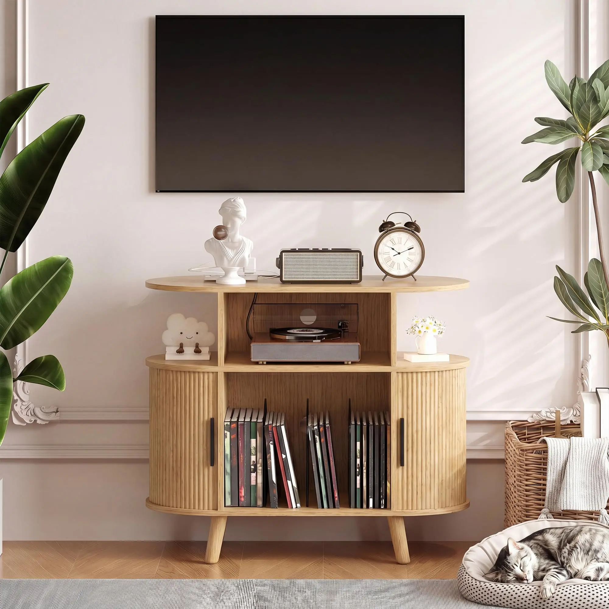 35'' Fluted Mid Century Modern Turntable Cabinet, Large Round Record Player Stand with Charging Station and Display Shelf, Arched Wood Record Player Table for Living Room,Natural