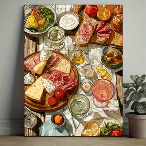1 Italian Food Poster - Vintage Italian Kitchen Wall Decor, featuring appetizer platter, ham, cheese, bread - Mediterranean dining decor - Ready-to-hang framed picture, suitable for home, kitchen, or Italian restaurant decoration - Italian Food Education