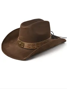 Vintage Western Cowboy Hat for Men and Women, Felt Wide Brim Sun Hat with Bull Head Buckle, Street Style Outdoor Hat, High Quality Hat