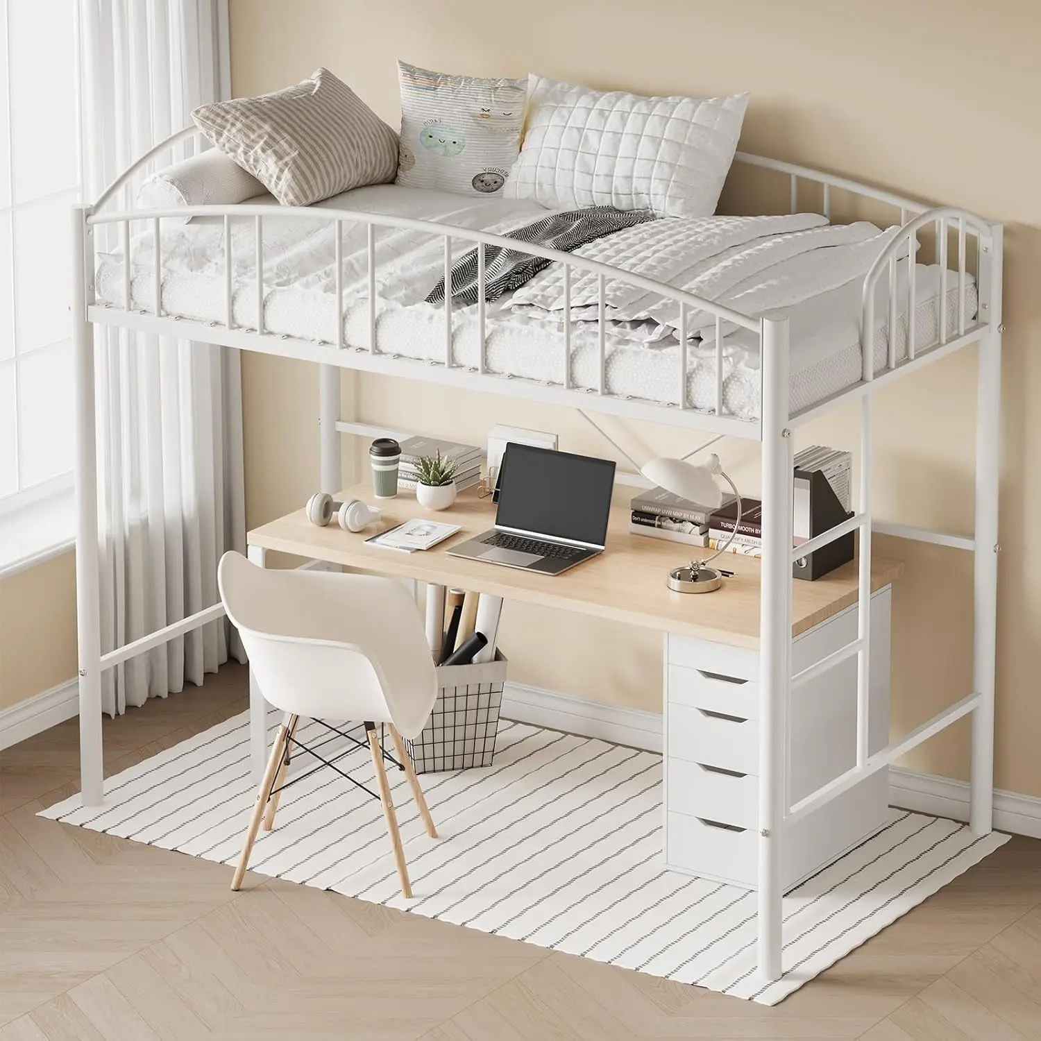 Gaomon Twin Metal Loft Bed - Heavy-Duty Frame, Arched Guardrail, Safety Ladder, Space-Saving White Apartment Furniture for Adults' Bedrooms (Bed Frame Included, Assembly Required)