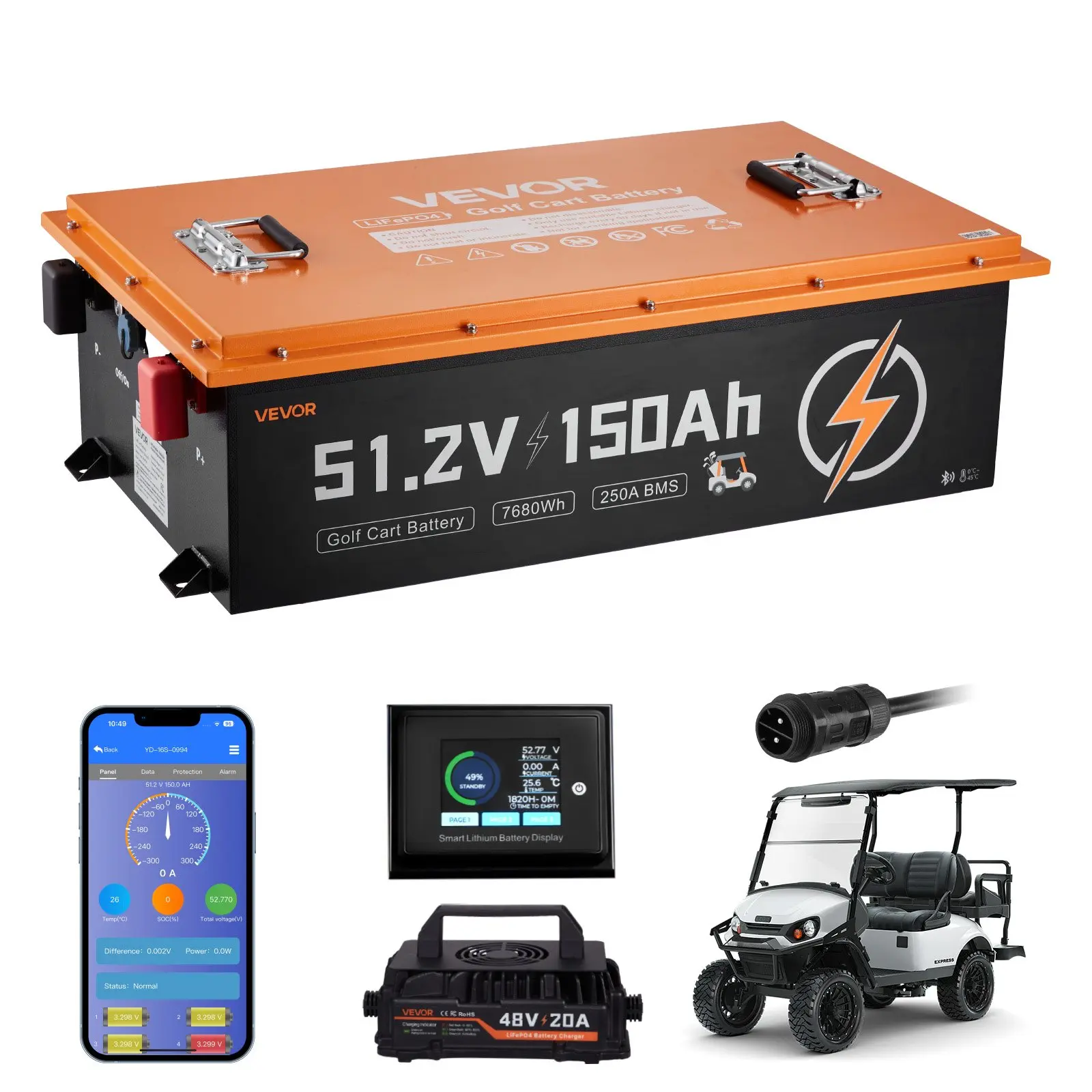 VEVOR 48V (51.2V) 150AH LiFePO4 Golf Cart Battery, 20A Charger Kit, Built-in 250A BMS, 2.8-inch Bluetooth Touch Monitor, 2C Discharge, 4000 Cycles, for Golf Carts, Trolling Motors, Batteries