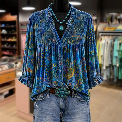 Cherrybetty Colorful Peacock Print Smocked Bodice Velvet Blouse Outfits Women Classy Tops Going Out Tops Women's Fashion Fall Tops Outfit Inspo Comfort Elegant Outfits