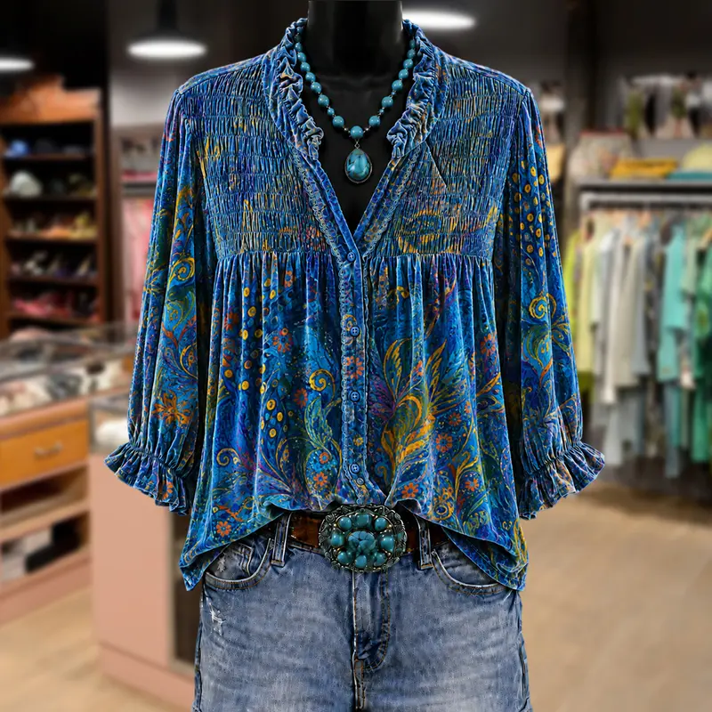 Cherrybetty Colorful Peacock Print Smocked Bodice Velvet Blouse Outfits Women Classy Tops Going Out Tops Women's Fashion Fall Tops Outfit Inspo Comfort Elegant Outfits