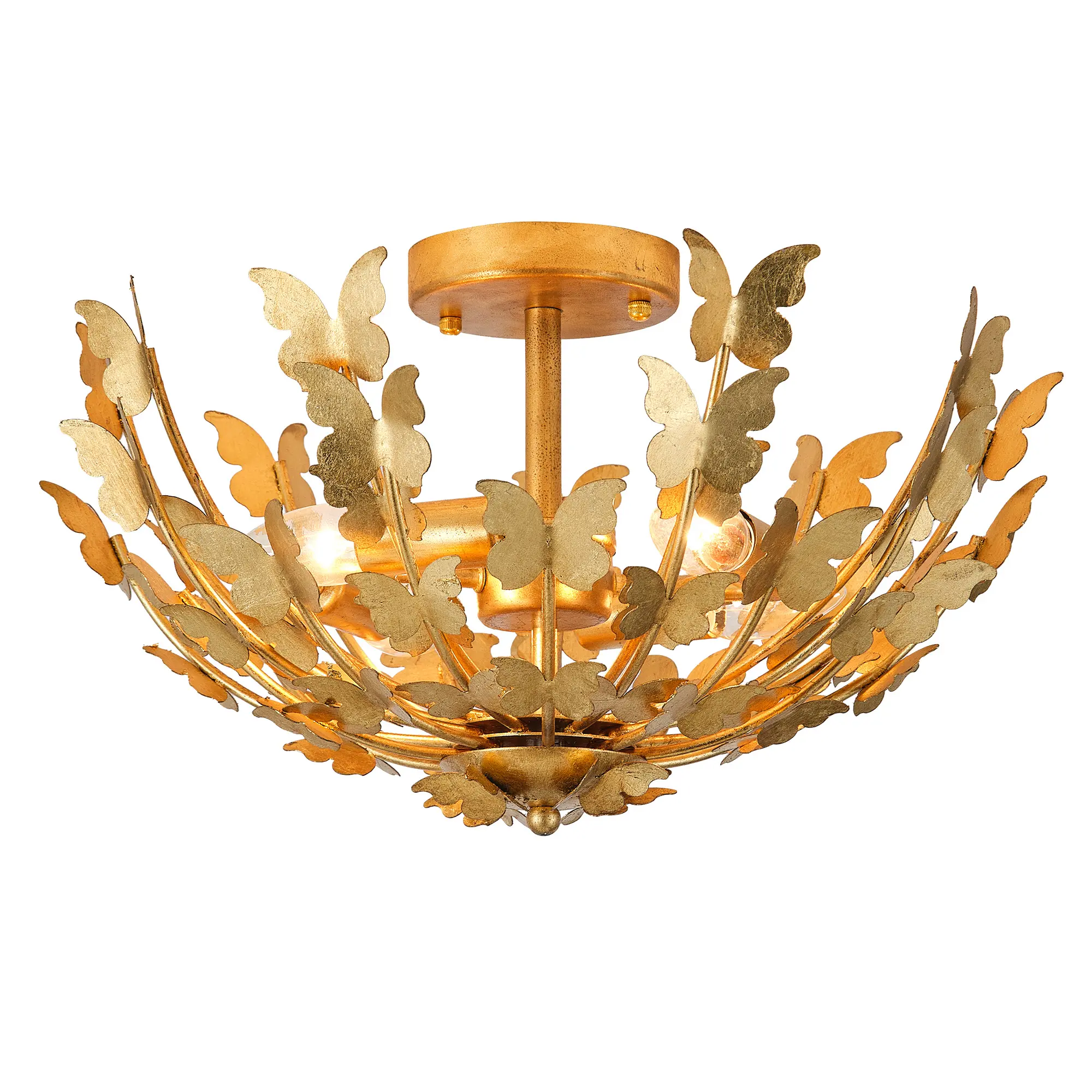 PARROT UNCLE 18 Inch Betsy 4-Light Semi-Flush Mount Ceiling Light Modern Gold Finish Iron Butterfly Motifs Hemispherical Shade for Bedroom Dining Room lighting