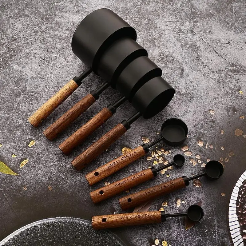8-Piece Rust Prevention Stainless Steel Kitchenware Measuring Cup and Spoon Set - 0-500 ml, Engraved Marks, Metric/American Scales, Natural Wood Inlay Anti-Slip Grips, Essential Utensils for Home Cooking