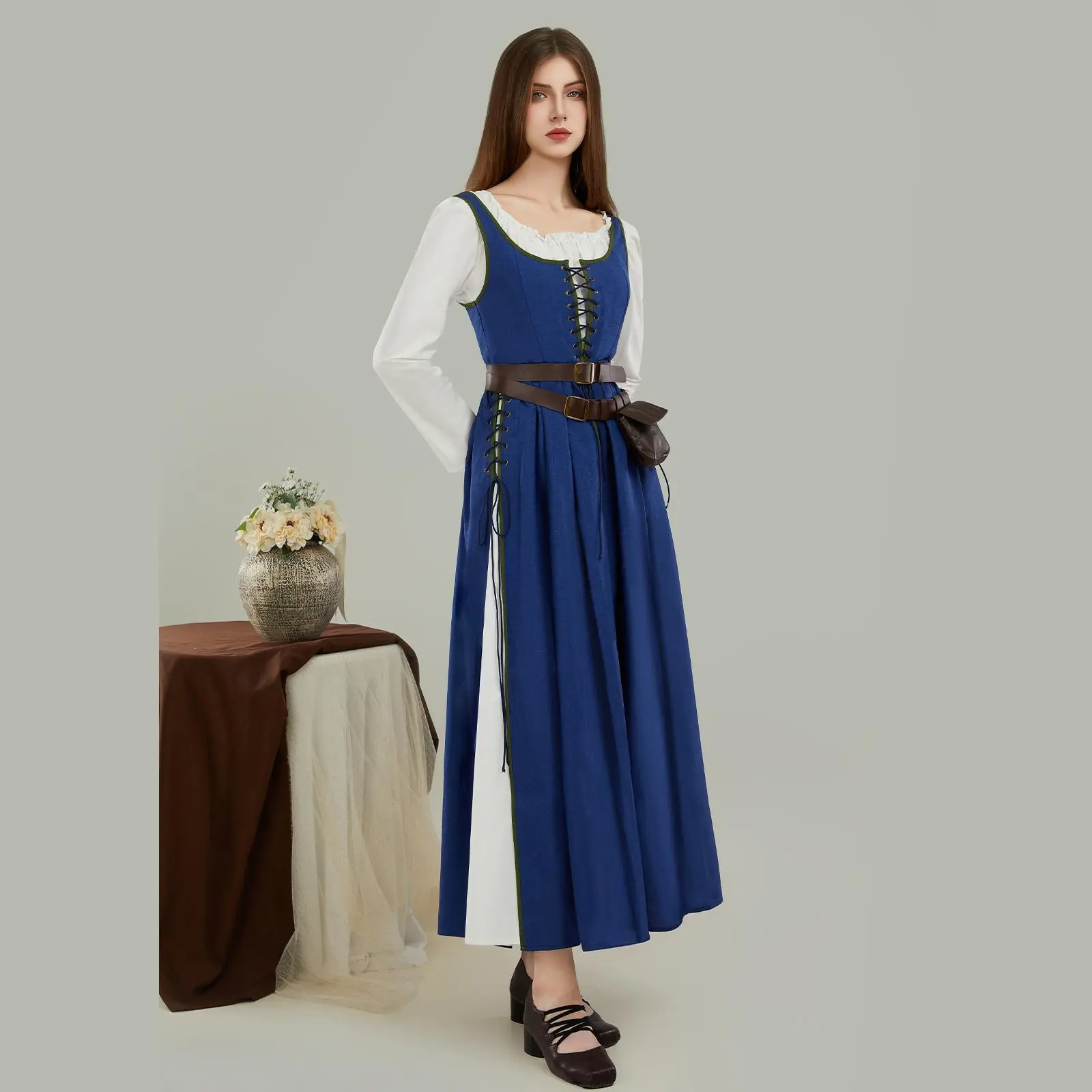 Medieval Renaissance Dress Retro Viking Fake Two Piece Dress with Wasit Bag