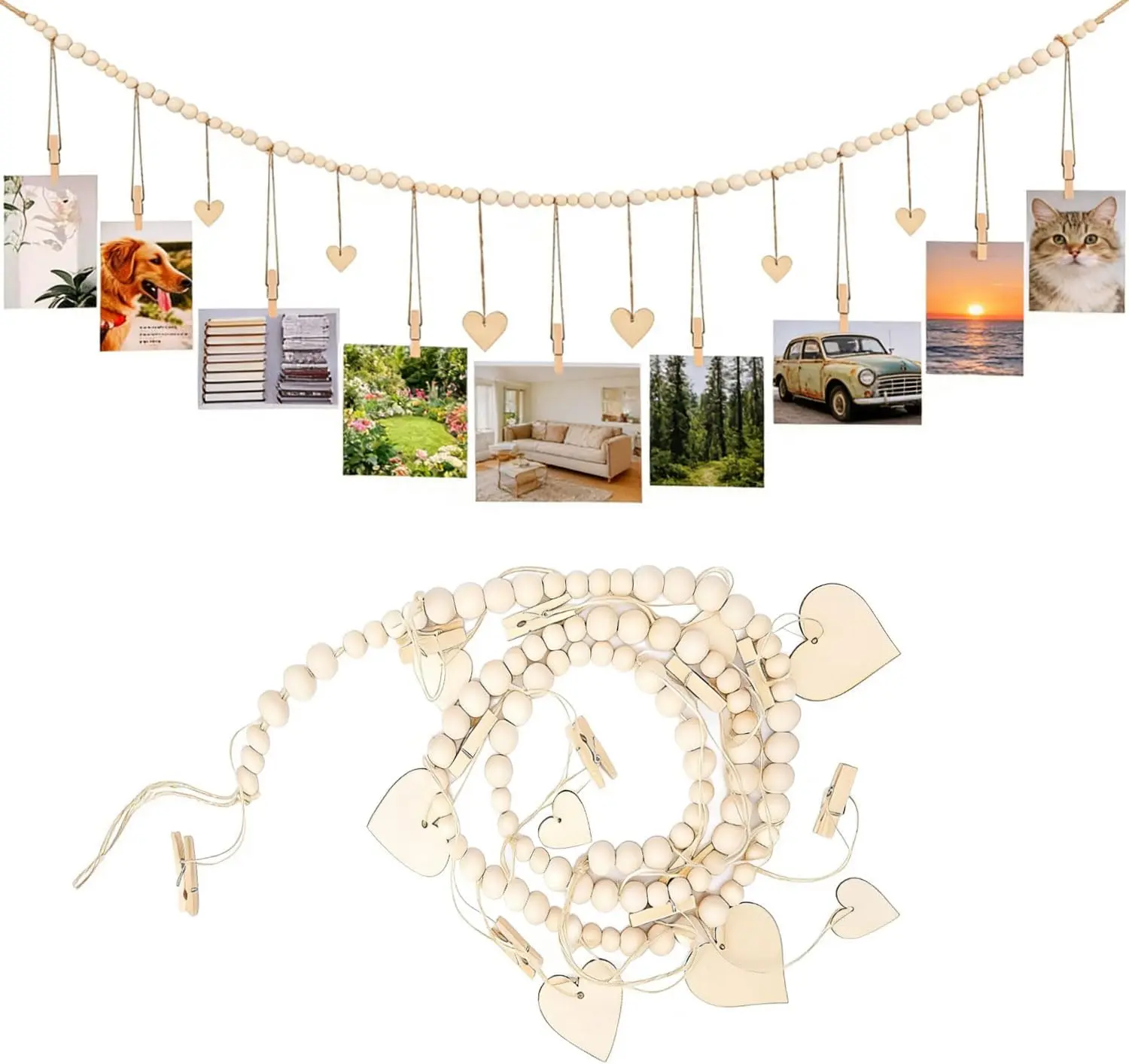 Hanging Photo Display with Clips, Photo String with Clips, Boho Wall Decor Wooden Beads Garland with 9 Clips for Living Room, Bedroom, Dorm, Classroom (1Pack)