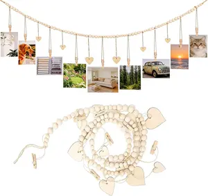 Hanging Photo Display with Clips, Photo String with Clips, Boho Wall Decor Wooden Beads Garland with 9 Clips for Living Room, Bedroom, Dorm, Classroom (1Pack)