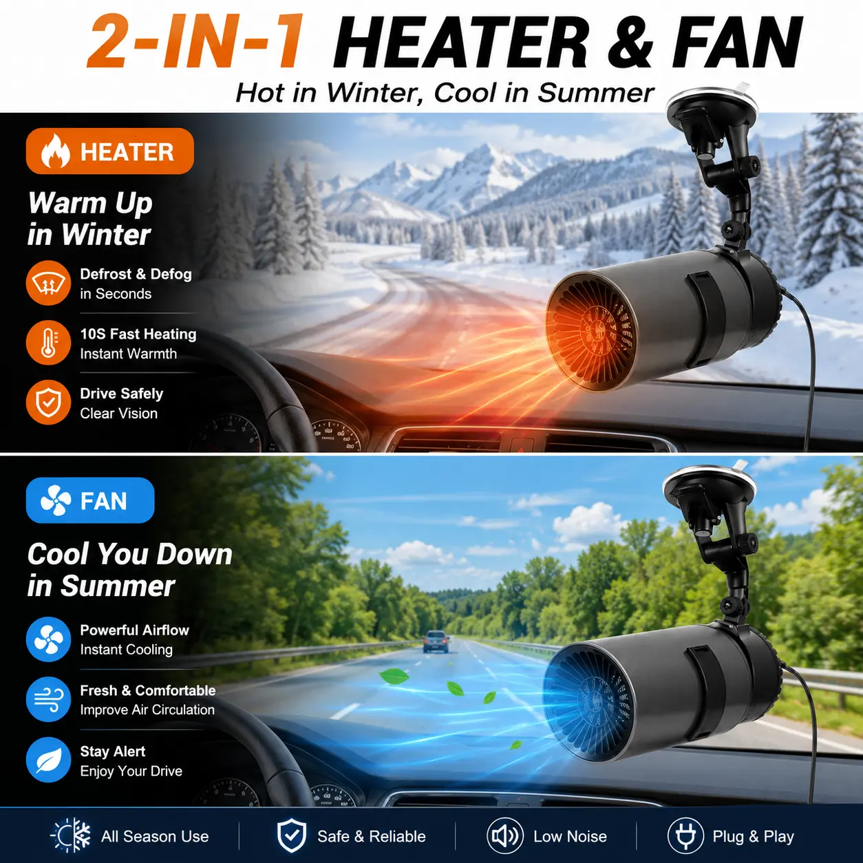 24V 216W Portable Car Heater 2 In 1 Heating Cooling Fan Rotatable Demister Defroster with 4.92ft Cord-3908 Windshield