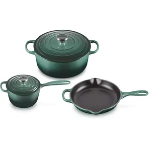Le Creuset Enameled Cast Iron Signature Cookware Set 5 pc Artichaut Green Dutch Oven Saucepan & Skillet Dishwasher Safe Heat Retention