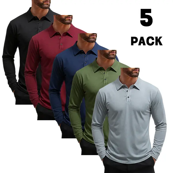 Men’s 5-Pack Premium Slim Fit Spandex Polo Shirts - Stretch Quick-Dry Fabric, Classic Long-Sleeve Design, Versatile for Office, Outdoor Activewear & Men's Wear, Smart Casual Style, Polyester Blend, Long Sleeve Shirt, Arm-Friendly Polo Shirts