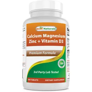Best Naturals Calcium Magnesium Zinc with Vitamin D3 Bone Strength Supplement 300 Tablets 1000 mg Calcium 400 mg Magnesium 25 mg Zinc 600 IU D3 GMP Tested USA Made