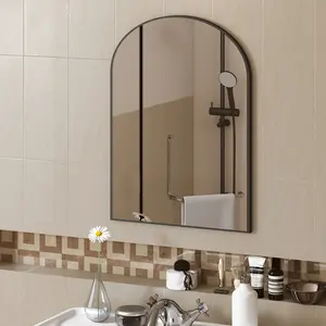 Bathroom Mirror Vanity Mirror for Wall, Aluminum Alloy Framed Wall Mirror Farmhouse, Rounded Rectangle Bathroom Vanity Mirror,Anti-Rust,Tempered Glass, Rust-Resistant，Scratch-Proof，Fade-Free，Fast fog dispersion，Can Be Vertically