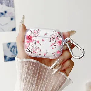 Blossoming Cherry Dreams Pattern TPU Soft Protective Case for Apple AirPods 4/3/2/1/Pro/Pro2 Transparent Earphone Cover with Keychain Attachment