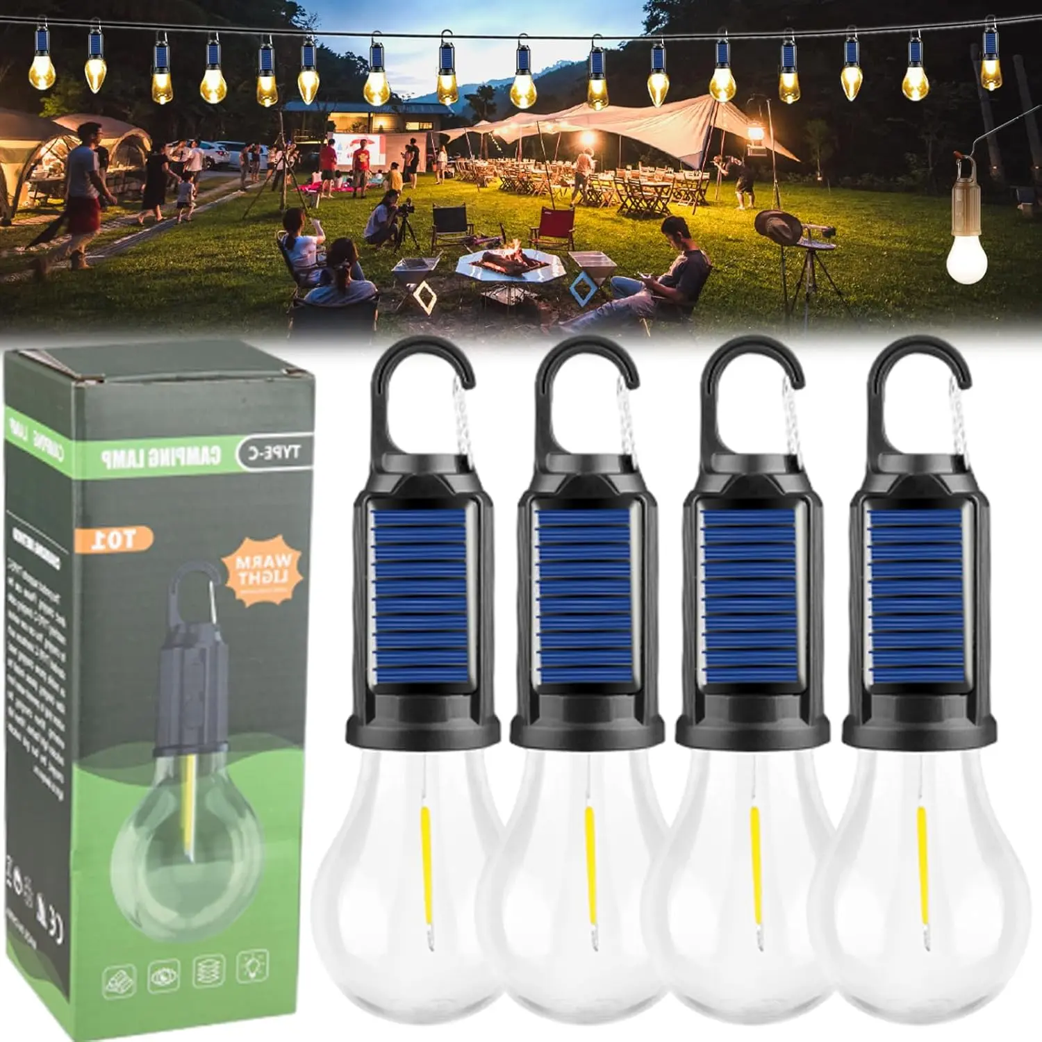 Portable Solar LED Camping Bulbs with Hook for Easy Hanging - USB-C Rechargeable, IPX4 Waterproof, 3 Lighting Modes (High/Low/Strobe), 18650 Lithium Batteries, Sleek, Durable Tent Lights for Hiking, Emergency Use, Portable Pack, Backpacking