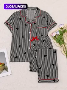 Women's Sleepwear Set, Sweet Casual Home Clothes Loungewear, Short Sleeve Pajamas Bow Tie Pants, Fitted, Elegant Simple Striped Heart Print, Feminine, All Seasons Wear Pjs