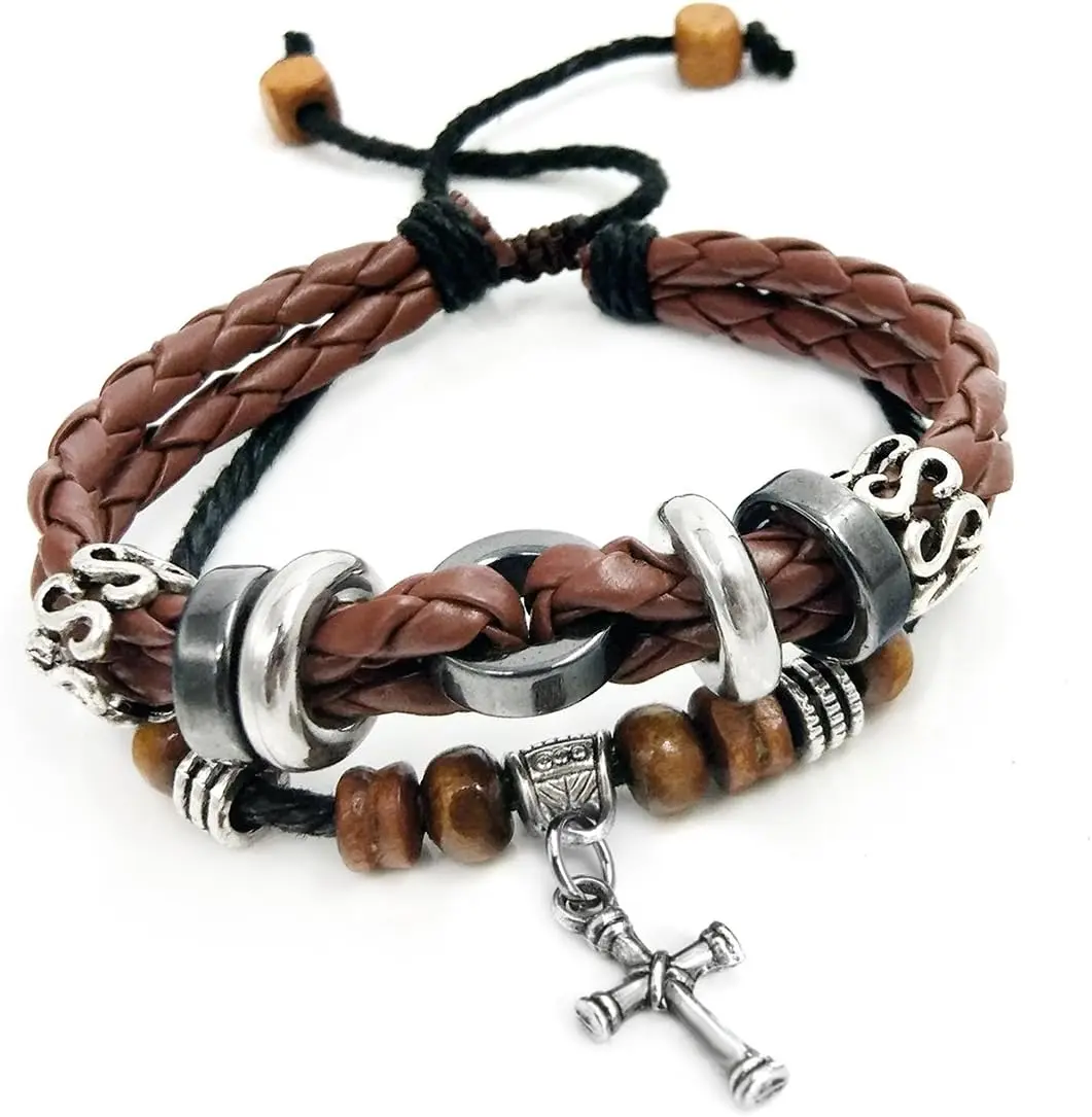 Multilayer Adjustable Leather Woven Braided Bangle Cross Bracelet Leaf Wrist Cuff Wristband