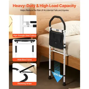 VEVOR Bed Rail for Elderly, Bedside Assist Rails with Supporting Leg and PU Handrail, Adjustable Height Carbon Steel Pipe Bedside Cane, Bed Bars for Seniors Patients, Fits King, Queen, Full, Twin