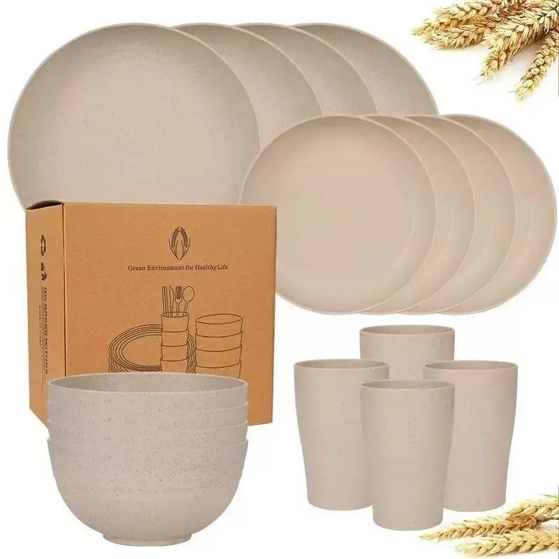 16-Piece Wheat Straw Sturdy Lightweight Disposable Dinnerware Service Set, Portable Tableware Set, Includes Plates Bowls Cups, Perfect for Outdoor Picnics Family Gatherings, Tableware Set