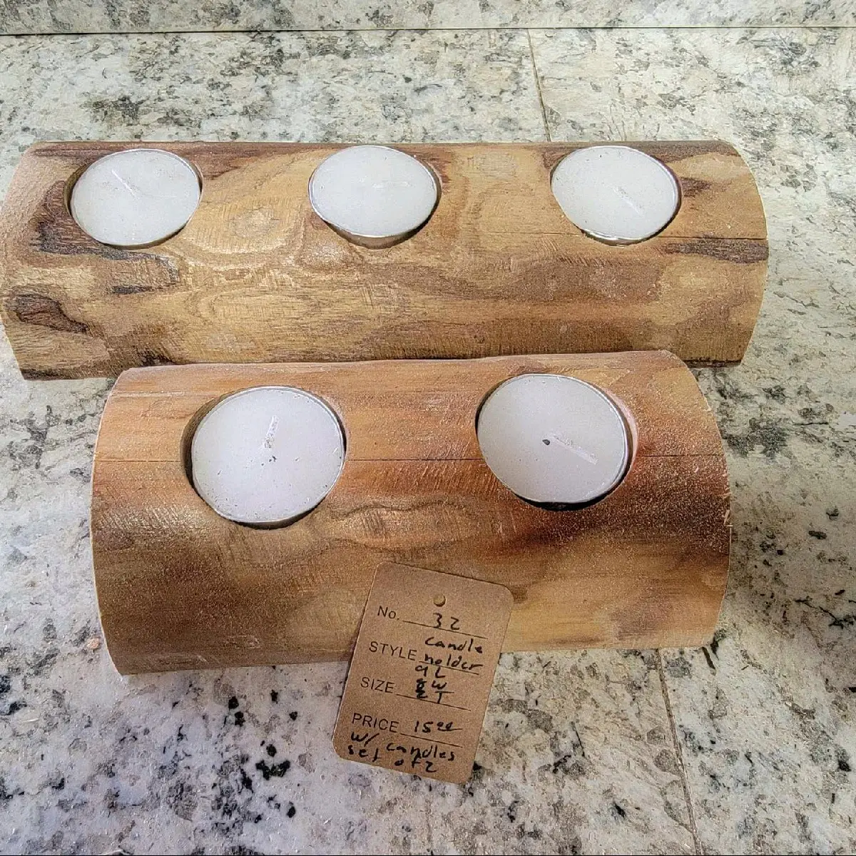 Wooden Set of tealight holders with tealights