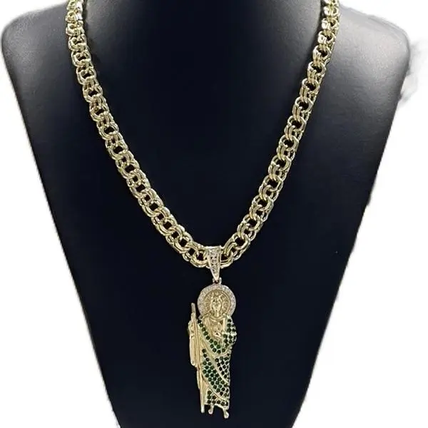 10mm chino link chain with green stone san Judas 10mm chino link chain with green stone san Judas