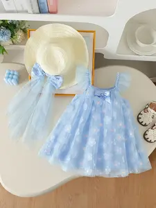 Girl's summer dress, Floral dress, Cute dress, fairy blue butterfly style, mesh dress, sequined petals+flying sleeves shoulder straps+matching straw hat, Valentine's Day gift, suitable for birthday parties, holiday gatherings, baby clothing